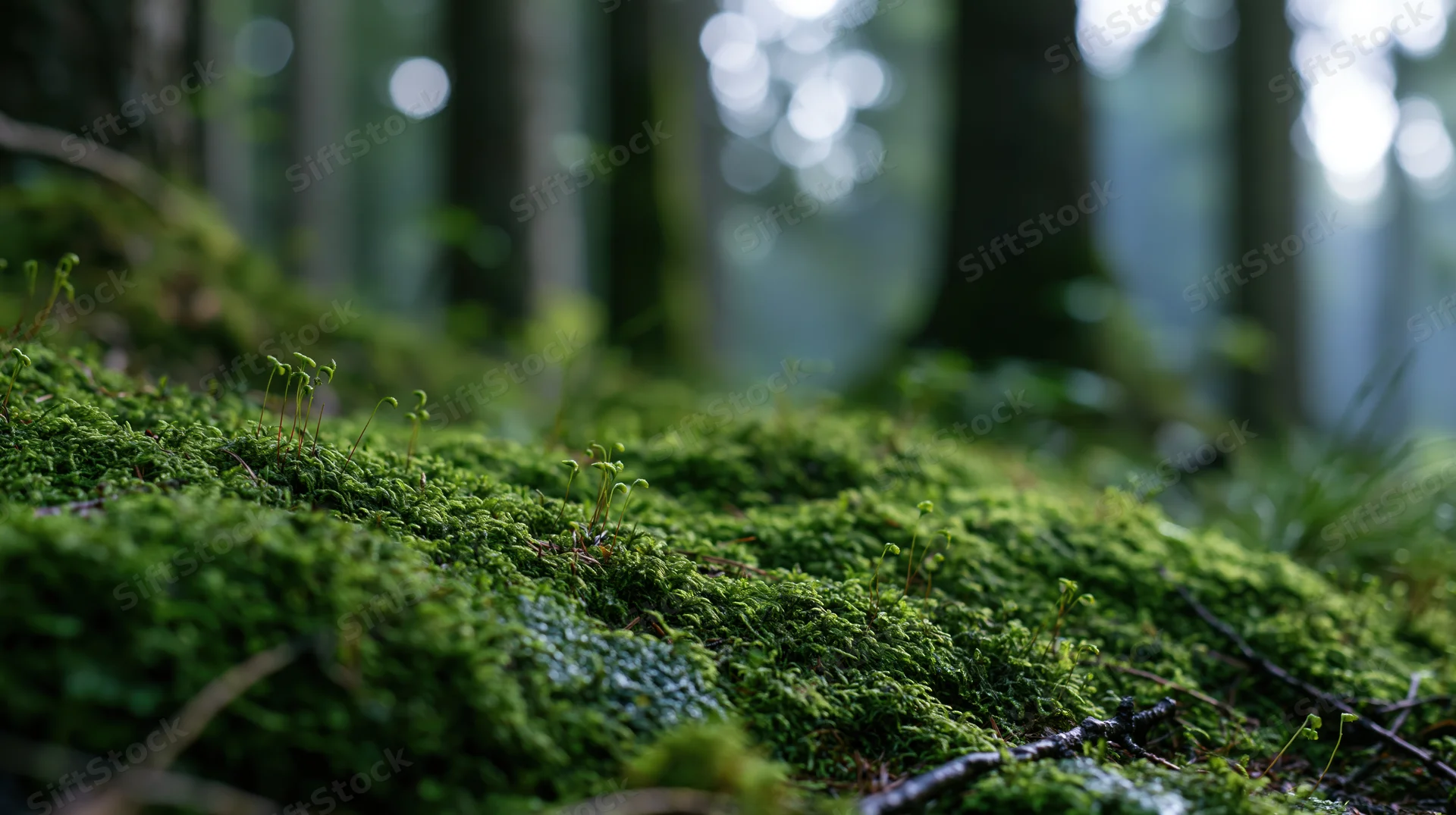 Thick green moss covering forest floor with blurred trees in background