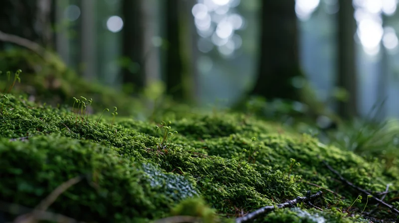 Thick green moss covering forest floor with blurred trees in background