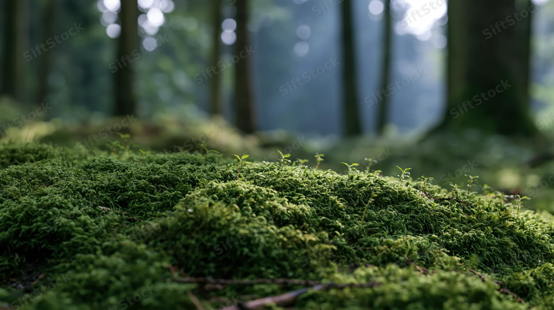 Thick green moss covering forest floor with trees in soft focus background