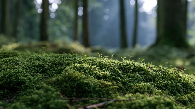 Thick green moss covering forest floor with trees in soft focus background