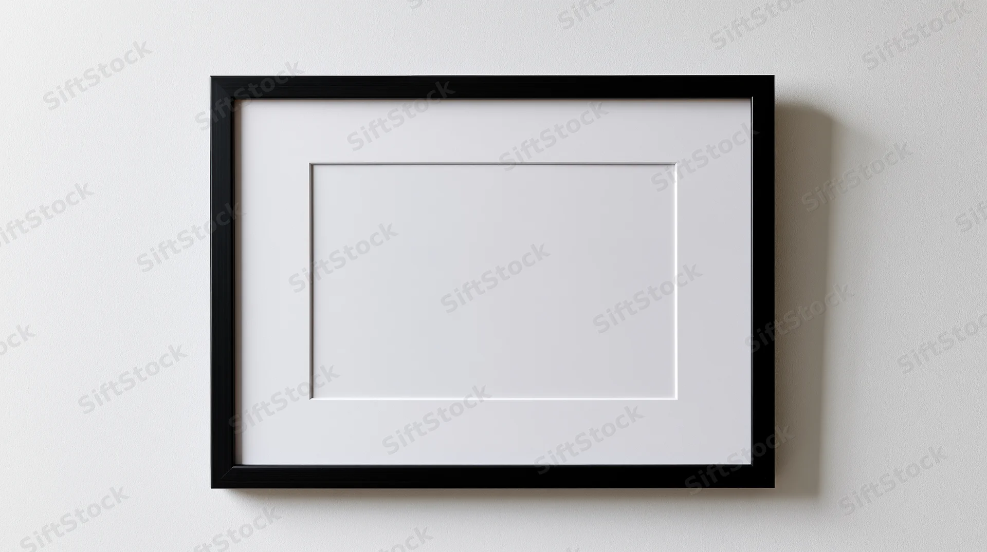 Black rectangular picture frame with white mat hanging on a plain wall