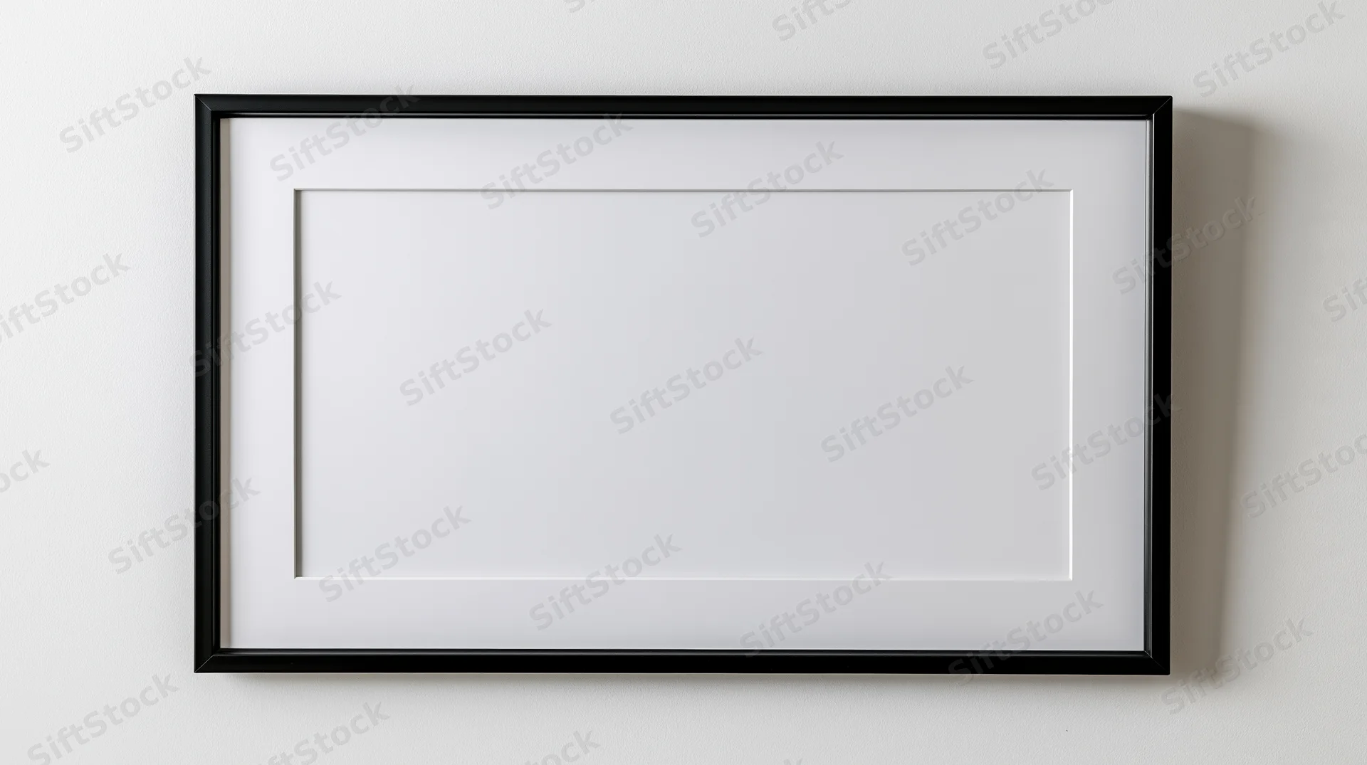Black rectangular frame with white mat hanging on a plain wall