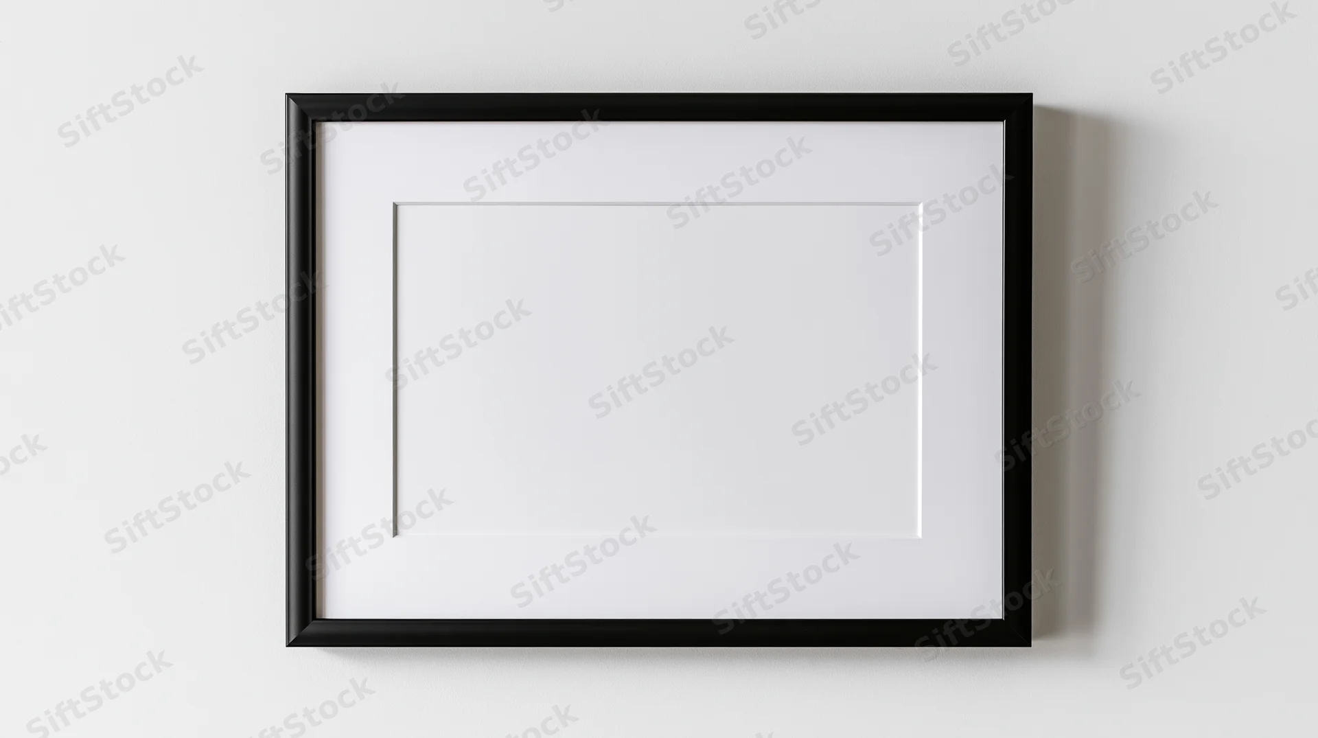 Black rectangular picture frame with white mat hanging on a plain white wall