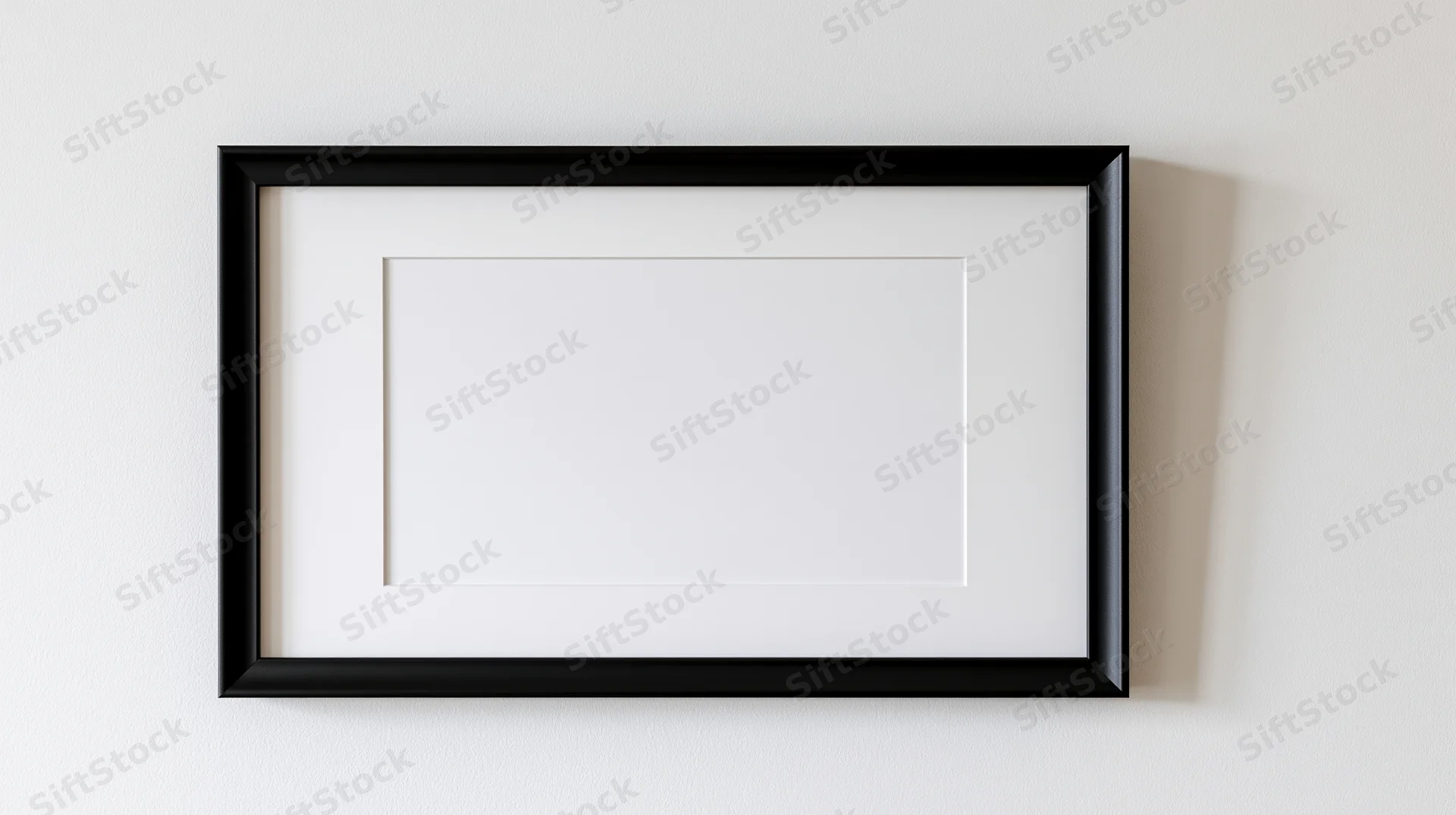 Black rectangular frame with white mat mounted on white wall, empty interior for display