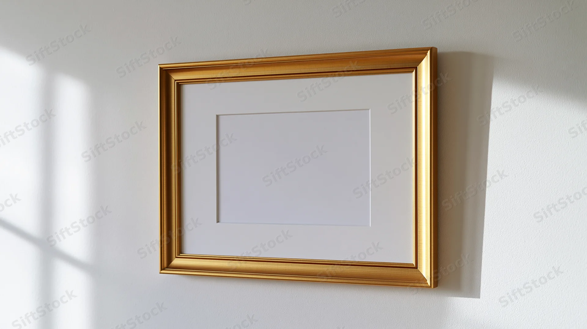 Gold picture frame with empty mat hanging on white wall