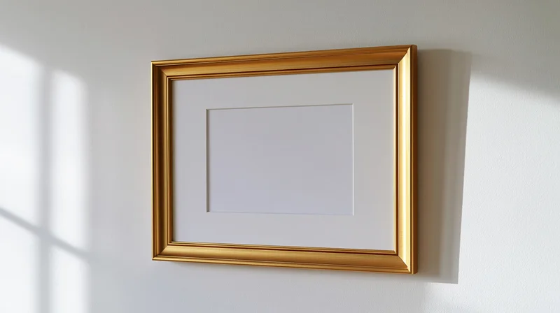 Gold picture frame with empty mat hanging on white wall
