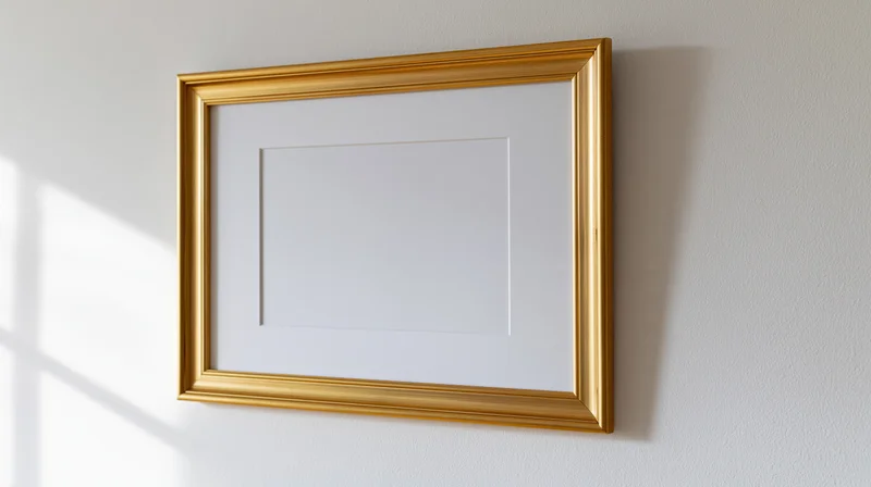 Gold picture frame hanging empty on white wall with sunlight shadow