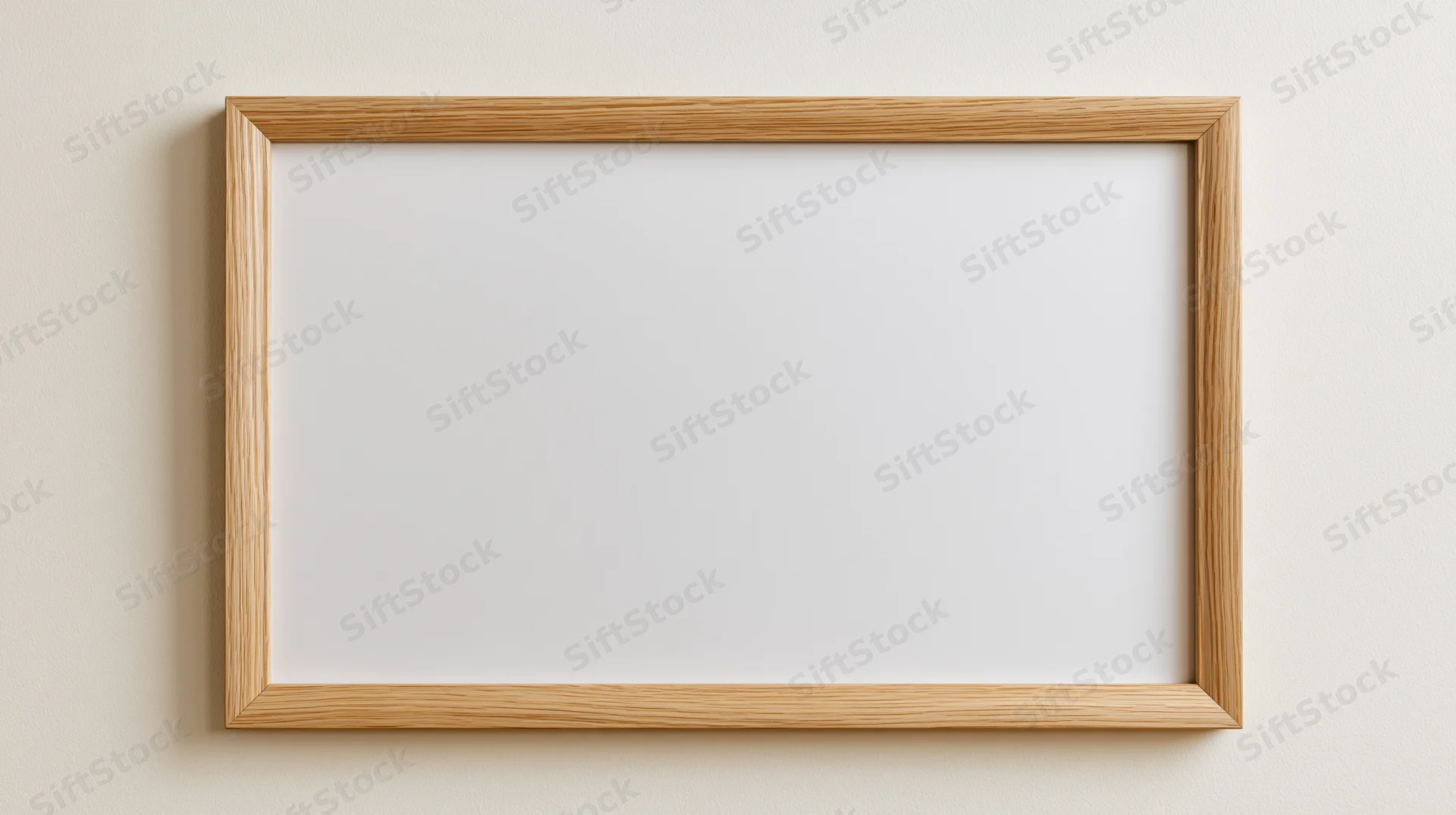 Light oak wooden picture frame with blank white interior hanging on a beige wall