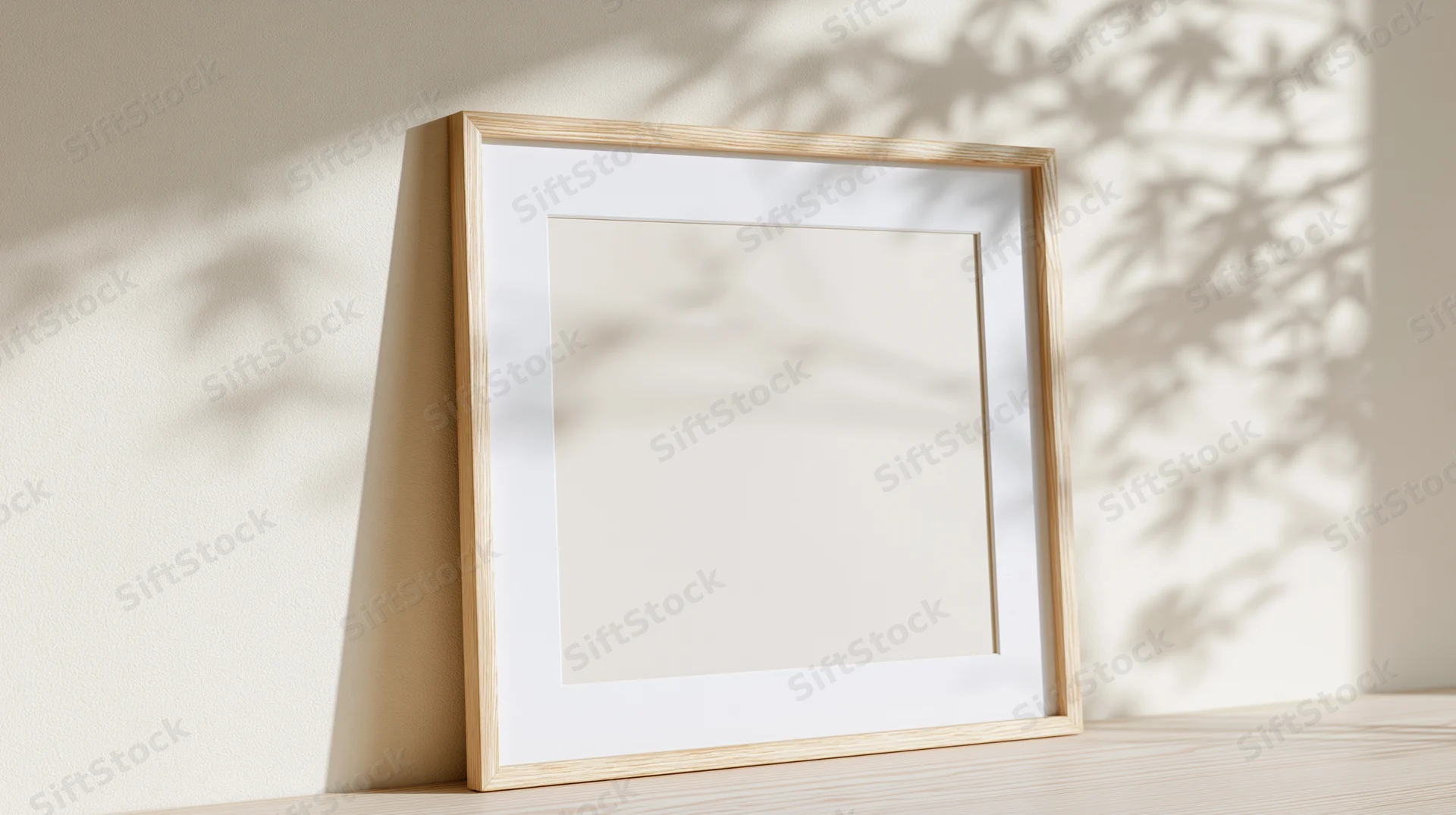 Light wood picture frame with white mat leaning against a wall on a wooden shelf, casting leaf shadows in soft sunlight