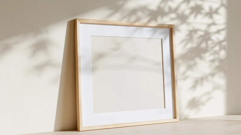 Light wood picture frame with white mat leaning against a wall on a wooden shelf, casting leaf shadows in soft sunlight