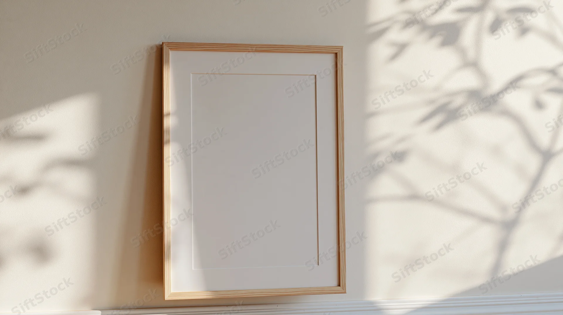 Thin light wood picture frame with white mat leaning against a wall in a sunlit room with leaf shadows