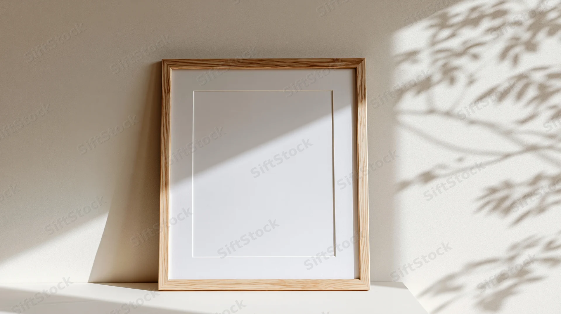 Wooden picture frame with white mat leaning on shelf in sunlit corner with leaf shadows