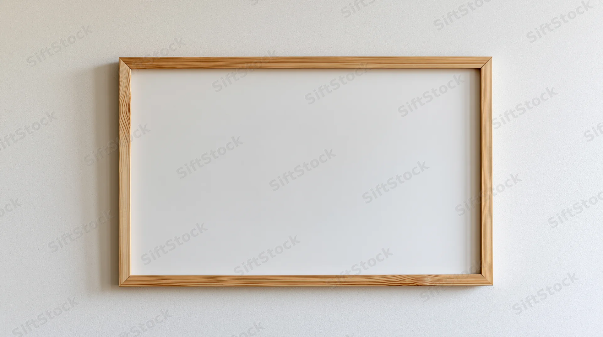 Thin natural wood picture frame hanging on plain white wall