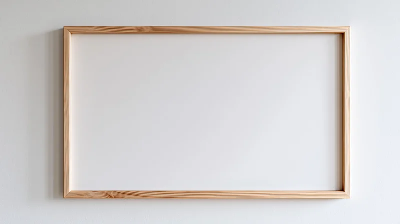 Thin natural wood picture frame hanging on plain white wall