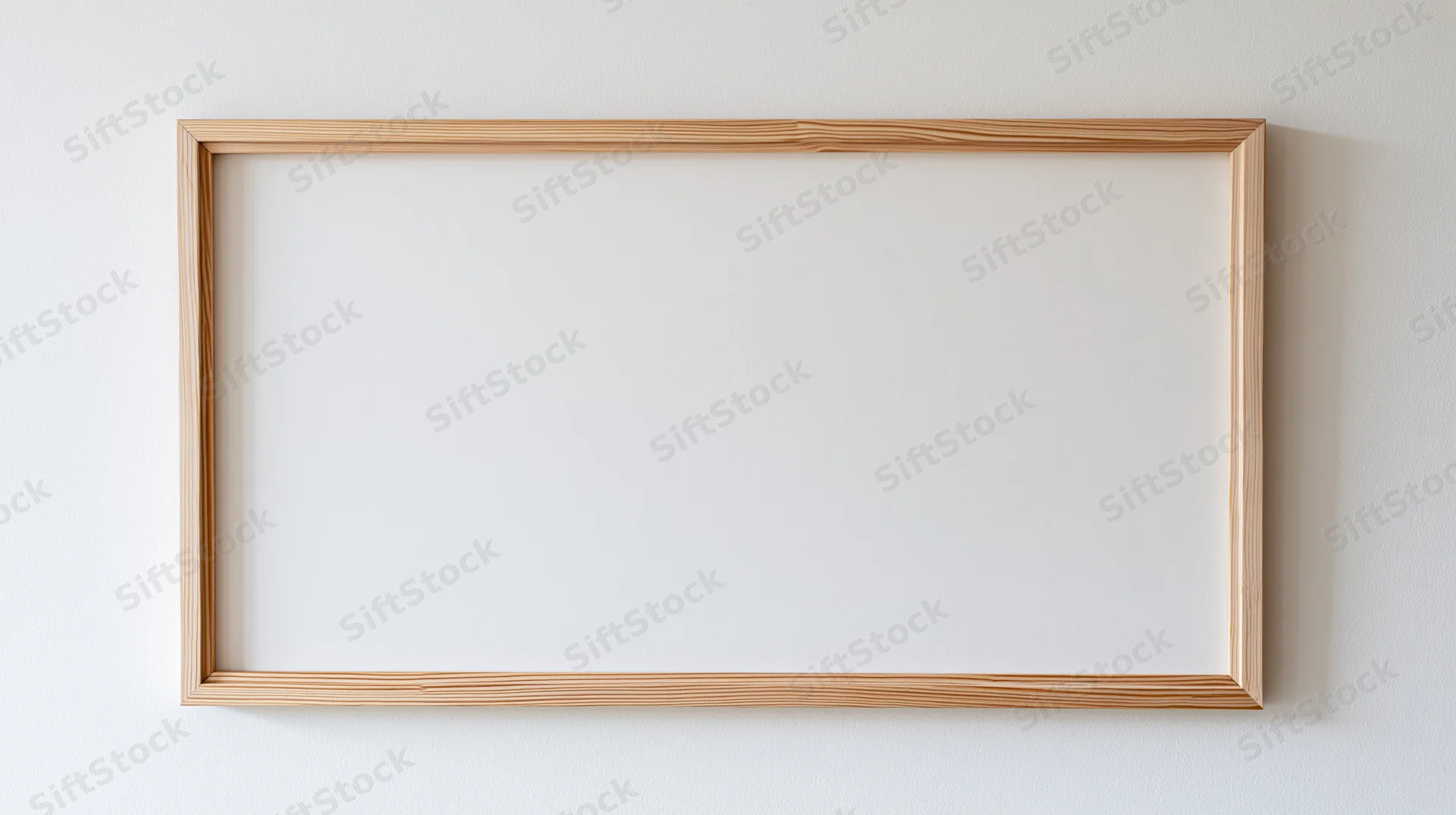 Thin natural wood picture frame hanging on plain white wall