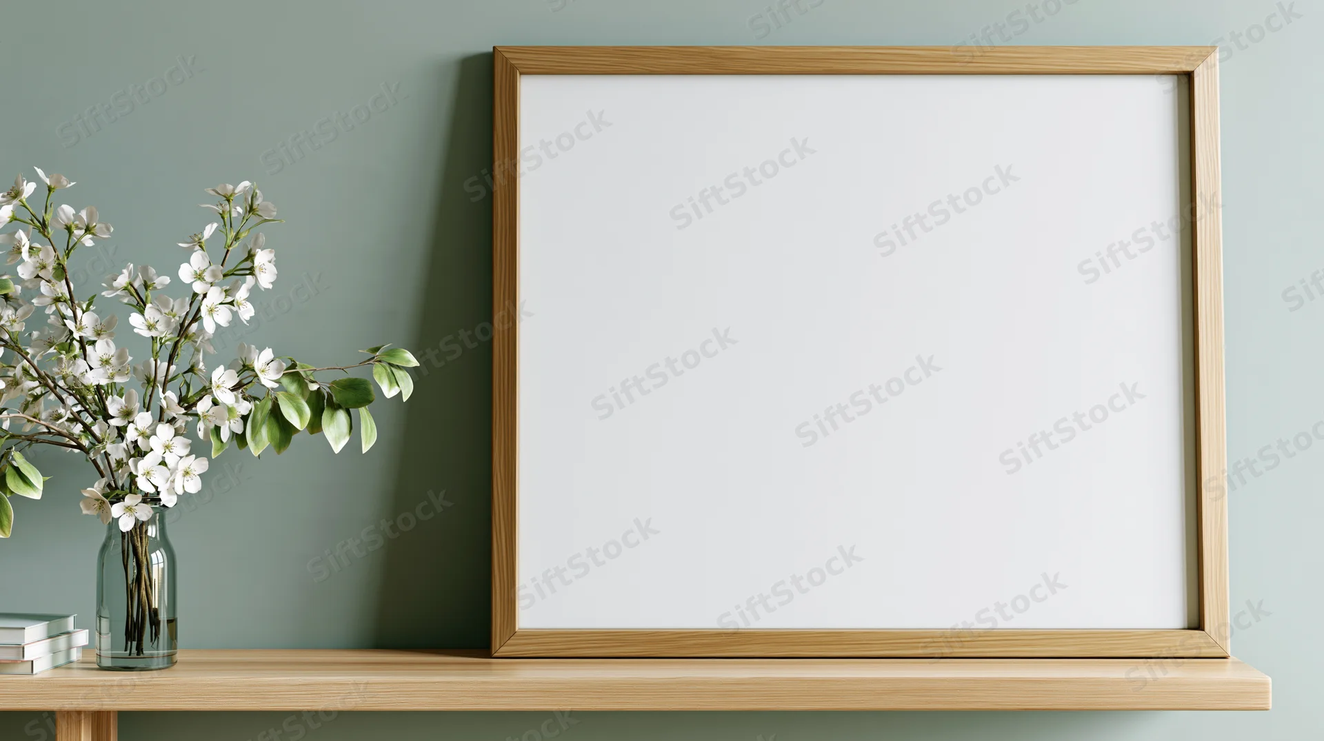 Wooden frame leaning on shelf beside vase of white blossoms against muted green wall