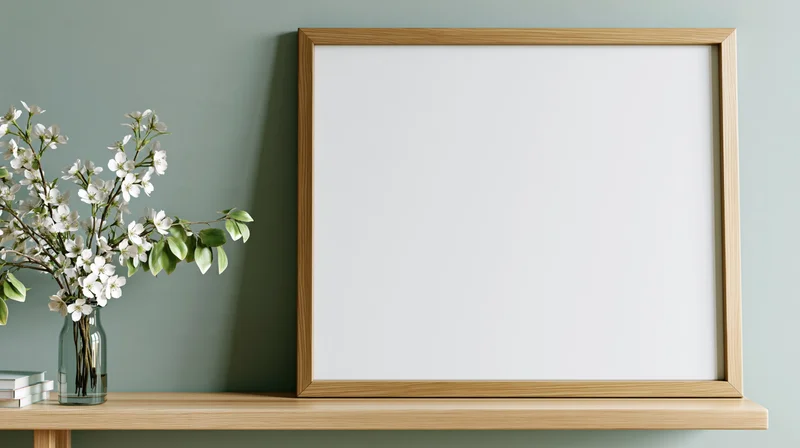 Wooden frame leaning on shelf beside vase of white blossoms against muted green wall