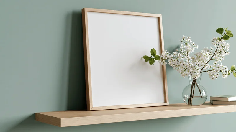 Wooden frame leaning on shelf beside vase with white blossoms against muted green wall