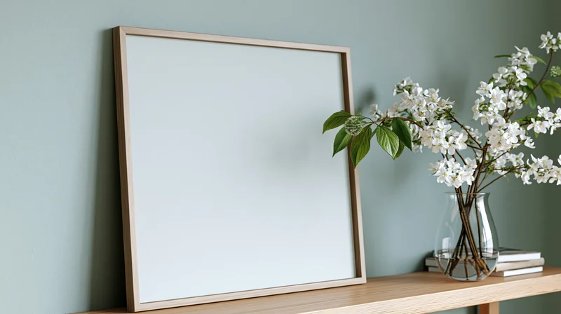 Blank canvas in wooden frame leaning on shelf beside vase of white blossoms and books