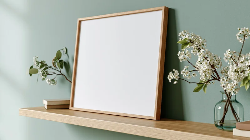 Blank wooden frame leaning on a shelf beside white blossoms in a glass vase against a teal wall