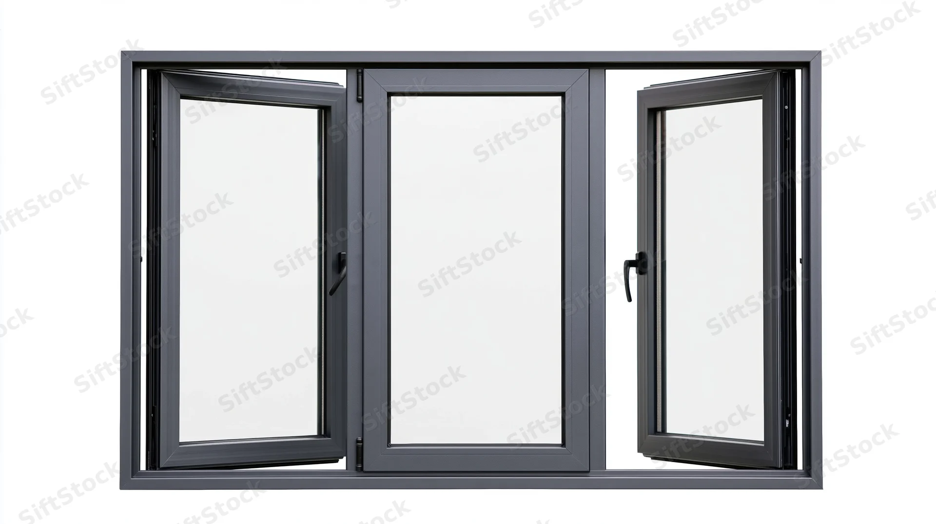 Three-panel aluminum window frame with dark grey metalwork, two casement panels open, isolated on white background