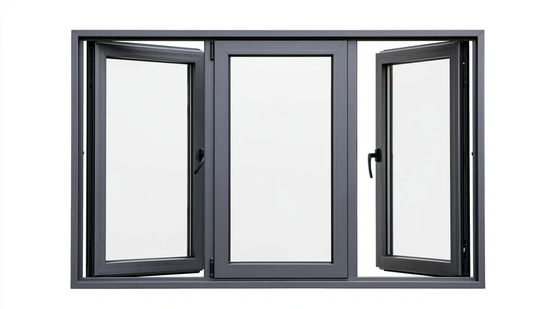 Three-panel aluminum window frame with dark grey metalwork, two casement panels open, isolated on white background