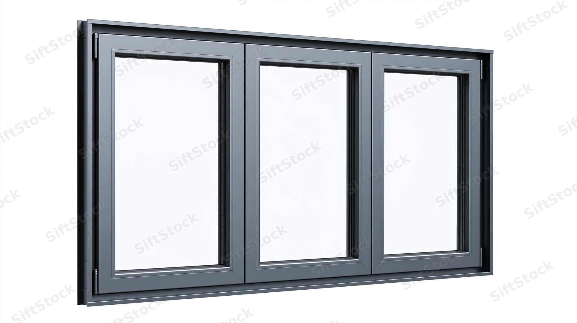 Three-panel aluminum window frame with dark grey metalwork isolated on white background
