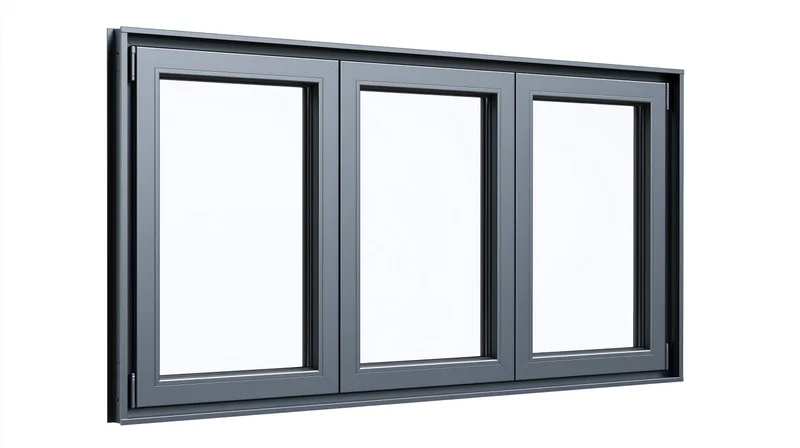 Three-panel aluminum window frame with dark grey metalwork isolated on white background