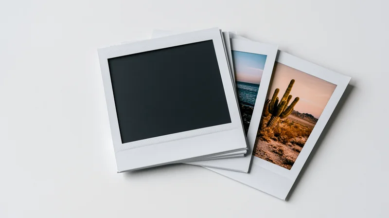 Three polaroid instant photo prints fanned out on white surface showing desert cactus and ocean sunset scenes