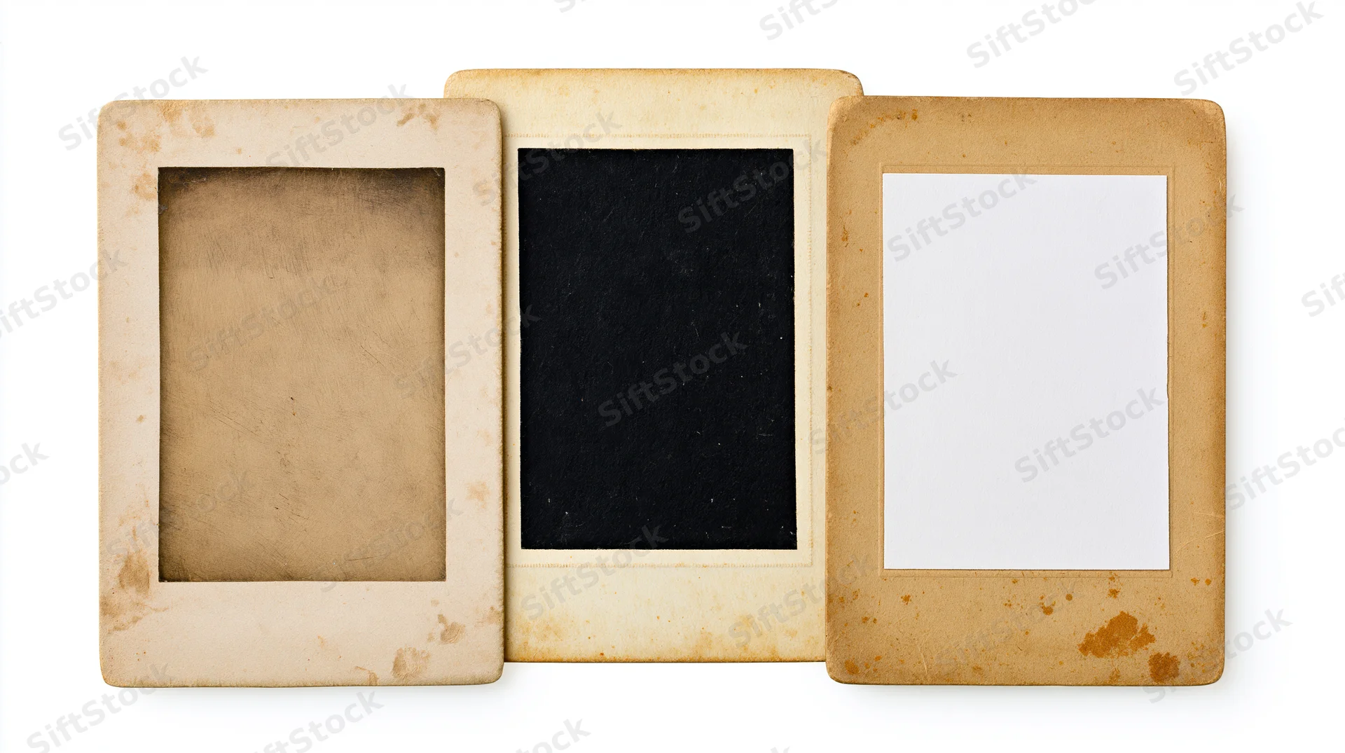 Three vintage photo frames arranged side by side on white background