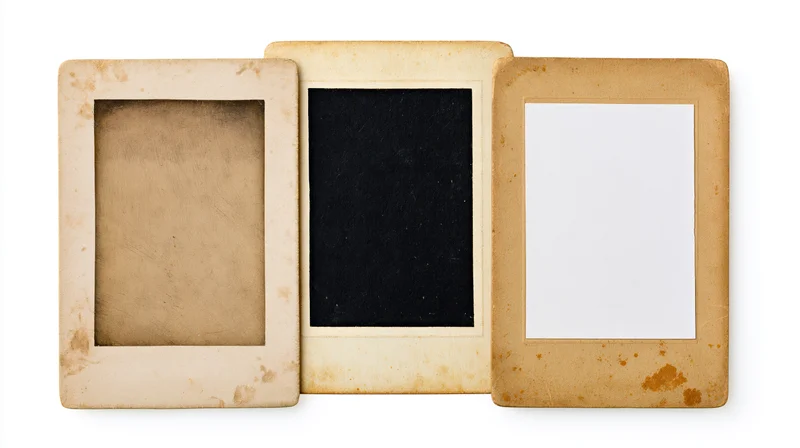 Three vintage photo frames arranged side by side on white background
