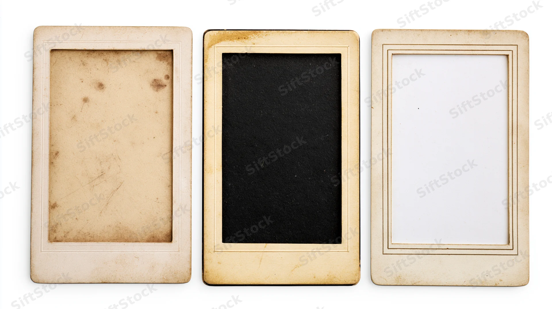Three antique photo cards with aged frames arranged side by side on white background