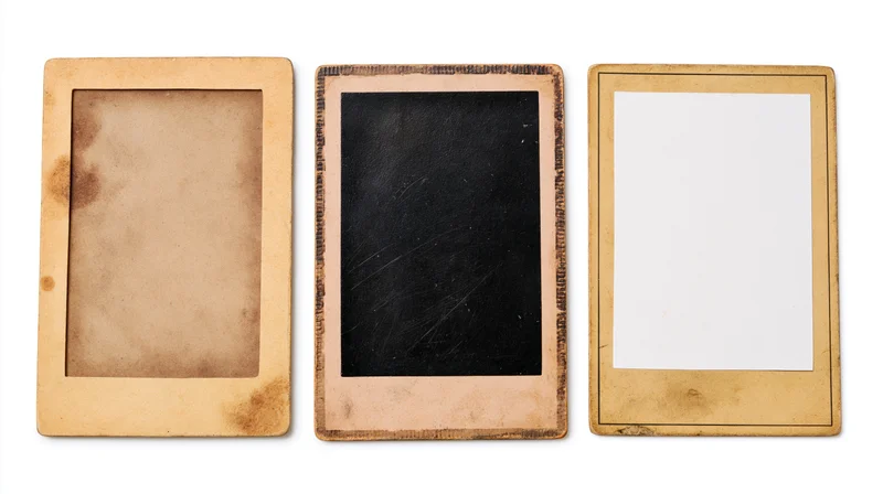 Three antique photo cards with aged paper and blank centers arranged side by side on white background