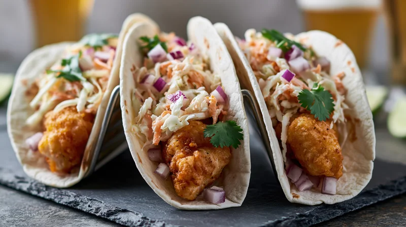 Three crispy battered fish tacos in flour tortillas with coleslaw and cilantro on a slate tray