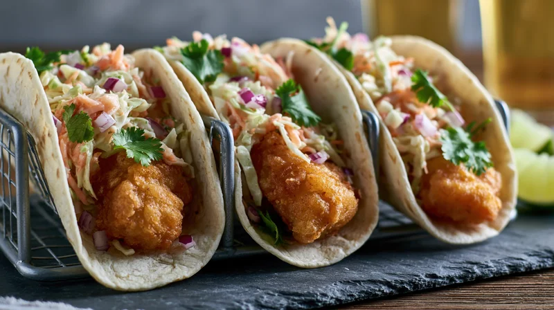 Three crispy battered fish tacos in flour tortillas with coleslaw and cilantro served in a wire basket on a slate board