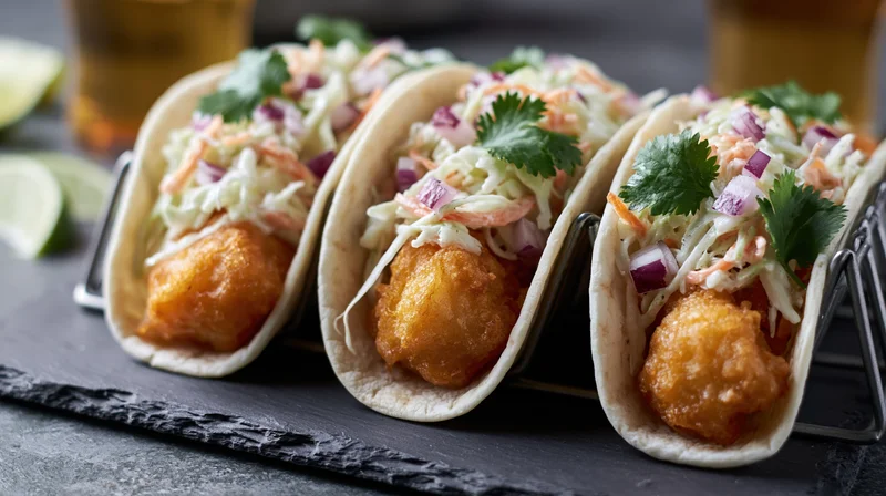 Three crispy battered fish tacos in flour tortillas with coleslaw and cilantro on a slate tray with lime wedges and beer in the background