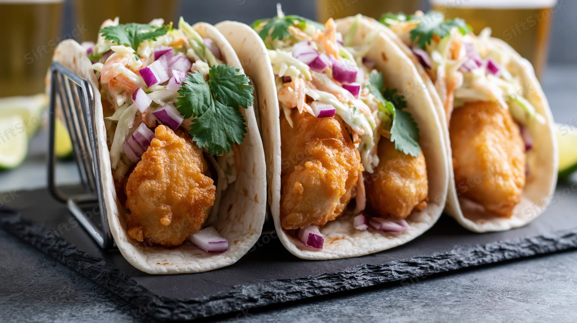 Three crispy battered fish tacos in flour tortillas with coleslaw and cilantro on a slate tray