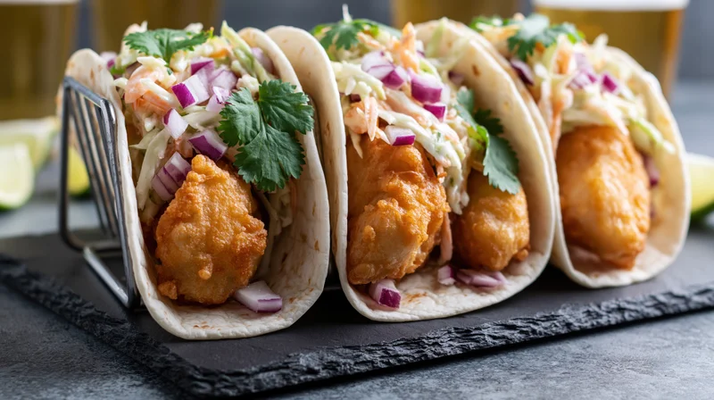 Three crispy battered fish tacos in flour tortillas with coleslaw and cilantro on a slate tray