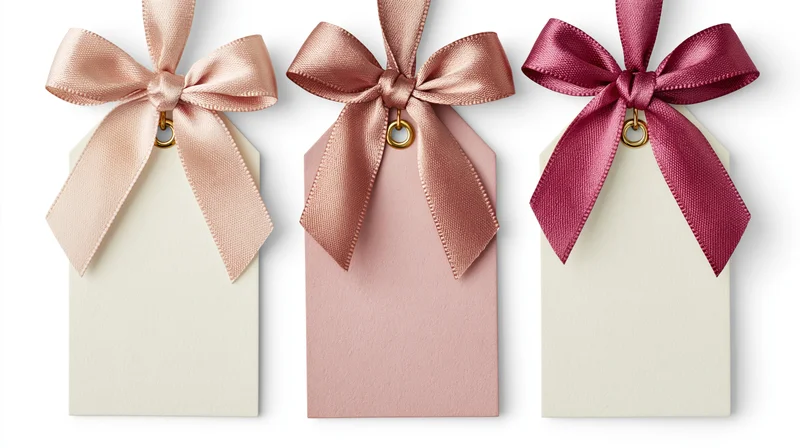 Three decorative gift tags with satin ribbons and bows arranged side by side on white background