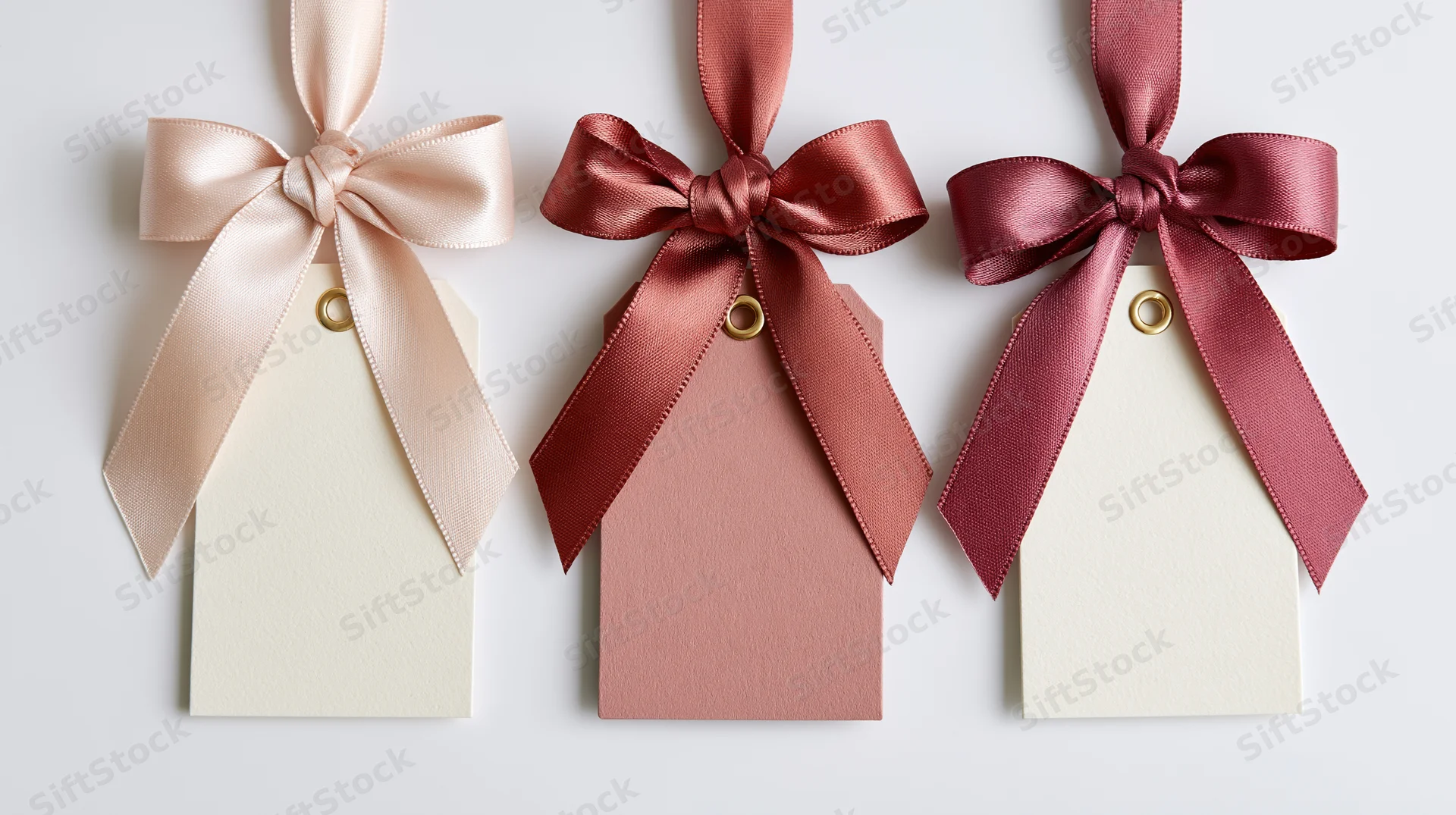 Three decorative gift tags with satin ribbons hanging side by side against a white background