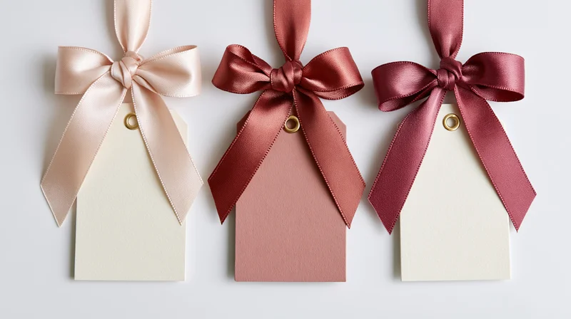 Three decorative gift tags with satin ribbons hanging side by side against a white background