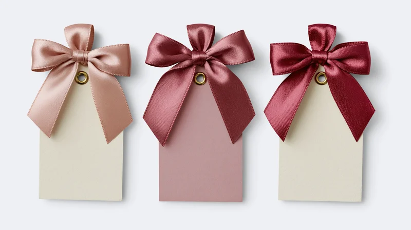Three decorative gift tags with satin bows in pink and burgundy tones hanging side by side against a plain white background