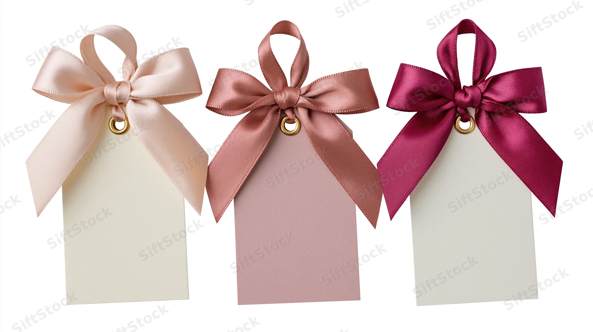 Three decorative gift tags with satin ribbons and bows hanging side by side against a plain white background
