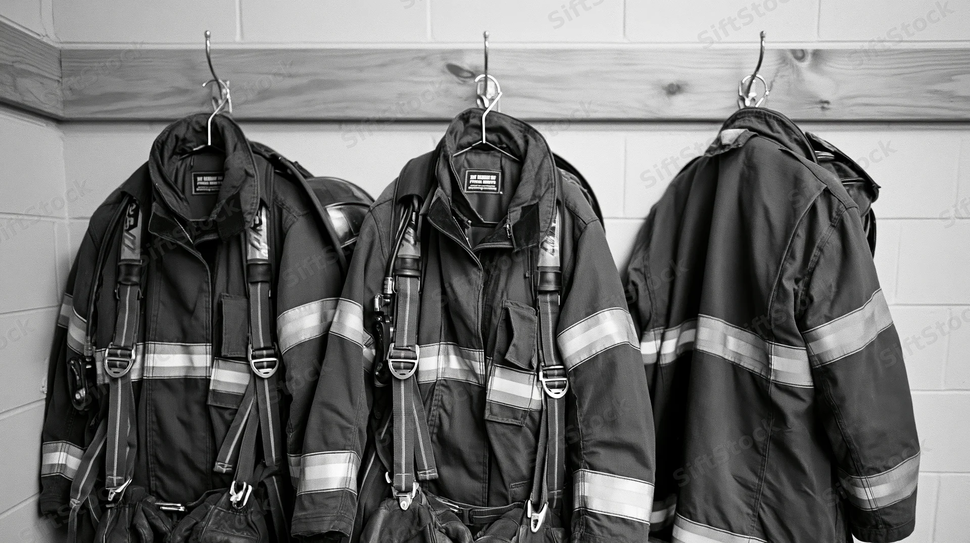 Three firefighter turnout jackets hanging on metal hooks in a station interior