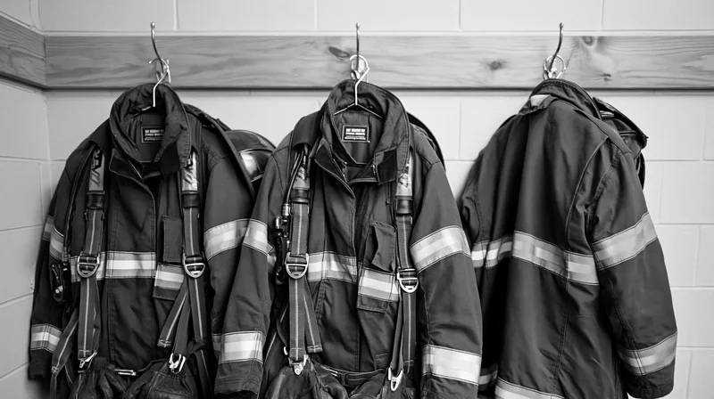 Three firefighter turnout jackets hanging on metal hooks in a station interior