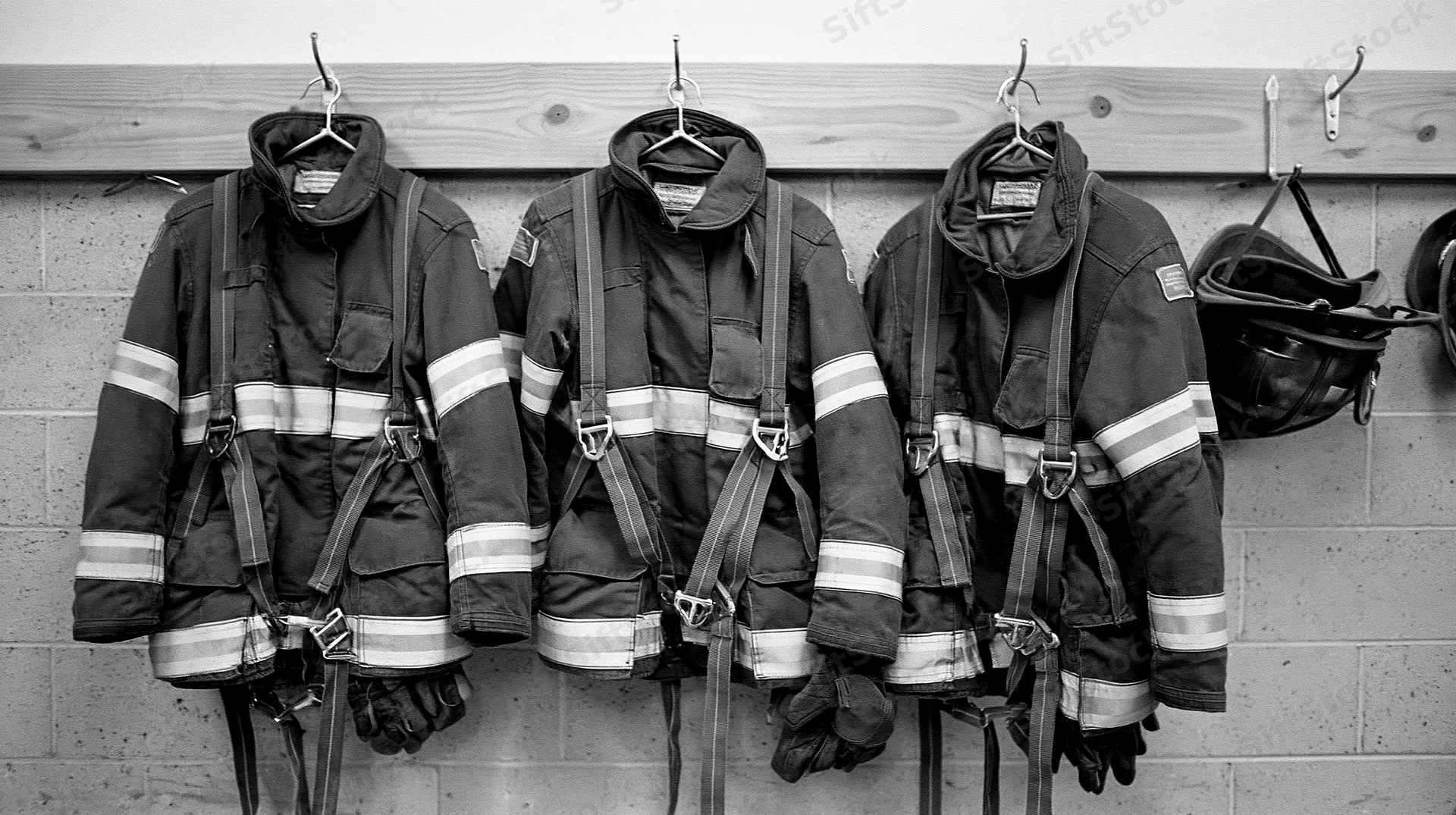 Three firefighter turnout jackets hanging on hooks in a fire station