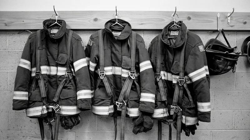 Three firefighter turnout jackets hanging on hooks in a fire station