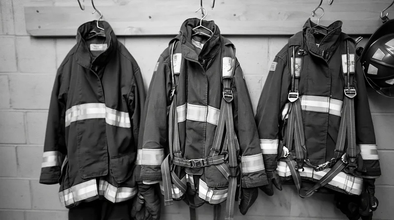 Three firefighter turnout jackets hanging on metal hooks against a brick wall