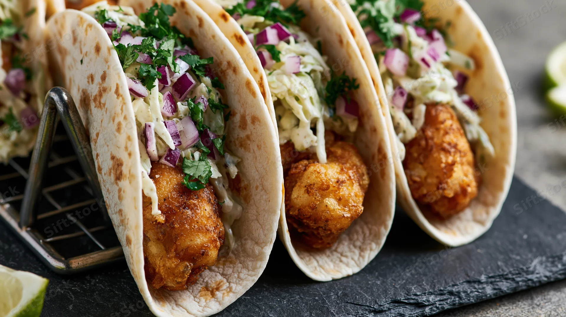 Three fish tacos in soft flour tortillas held upright in a metal stand on a black slate plate with cabbage slaw, red onion, cilantro, and lime garnish