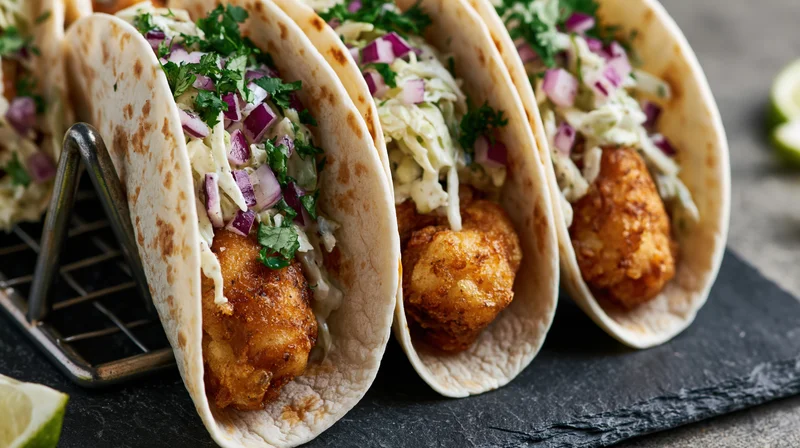 Three fish tacos in soft flour tortillas held upright in a metal stand on a black slate plate with cabbage slaw, red onion, cilantro, and lime garnish